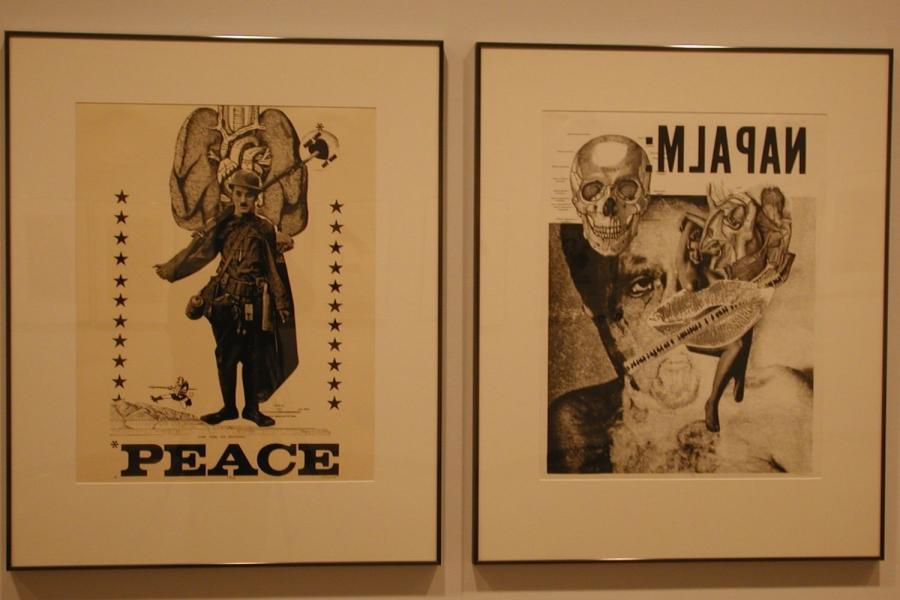 Two black and white graphic collages. The contains Charlie Chaplin in a military uniform, a chart of the respiratory system, a knight, and five-point stars, captioned “*PEACE”. The right contains a deformed face, lips holding a cigarette covered in black lines with a nude woman and a chart of the human heart behind it, and a chart of the human skull, captioned “NAPALM:” in reverse.