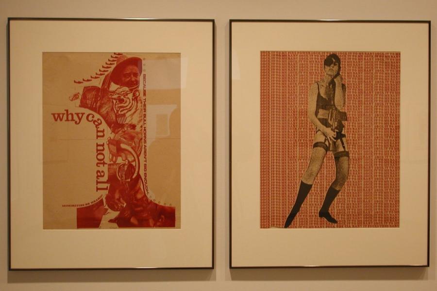 Two graphic collages printed in reds. The left contains many images put together in the shape of the number 1, bordered with the captions “why can not all”, “MINORITIES BE HEARD!”, and “BECAUSE THEIR BULL HORNA AREN’T BIG ENOUGH.”. The right contains a figure in lingerie holding a sex toy (?) on a background comprised of the repeated phrases “SOCK IT TO ME” and “SOCK IT TO ME BABY” printed in small dense text.