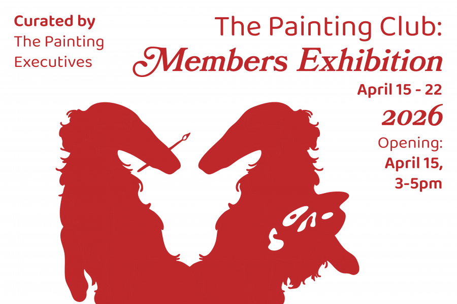 Red poster for The Painting Club: Members Exhibition with mirrored painter silhouettes. April 15–22, 2026; opening April 15, 3–5 pm, Student Gallery, University of Manitoba.