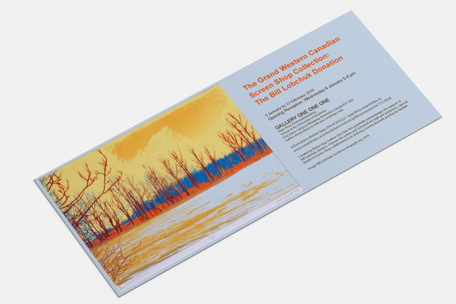 Exhibition invitation featuring Bill Lobchuk's landscape screen print alongside exhibition details.
