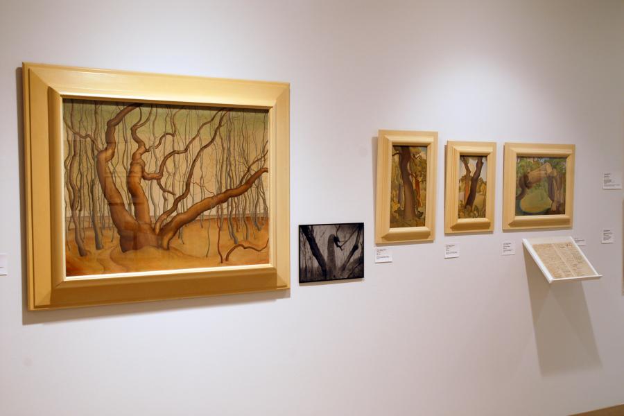 A wall of paintings. From left to right: an autumn prairie field and cloudy sky, two pairs of Motor / Motor-Sport magazine covers, a woman in white clothing in front of white tree trunks and a green valley, two versions of a canoe in rushing water, and an autumn forest.