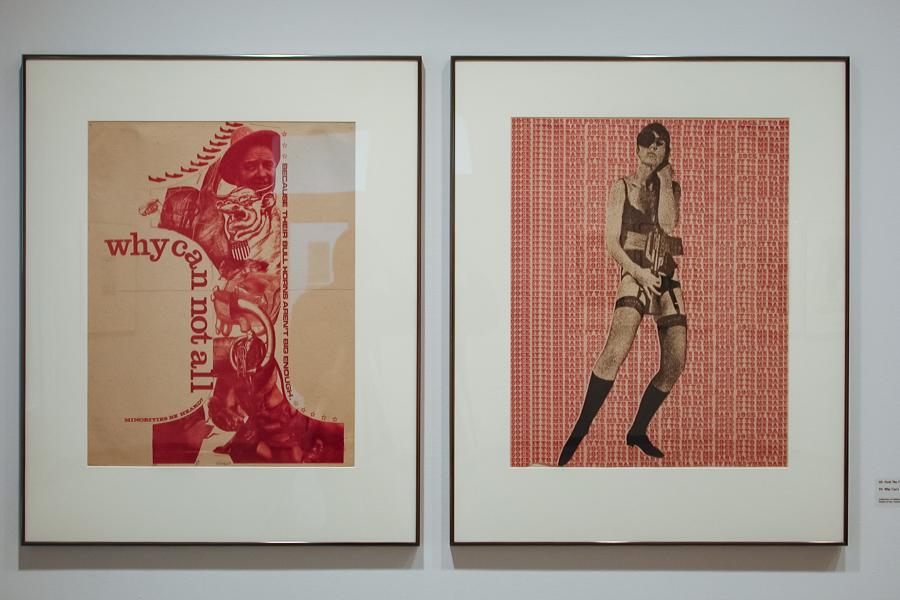 Two graphic collages printed in reds. The left contains many images put together in the shape of the number 1, bordered with the captions “why can not all”, “MINORITIES BE HEARD!”, and “BECAUSE THEIR BULL HORNA AREN’T BIG ENOUGH.”. The right contains a figure in lingerie holding a sex toy (?) on a background comprised of the repeated phrases “SOCK IT TO ME” and “SOCK IT TO ME BABY” printed in small dense text.