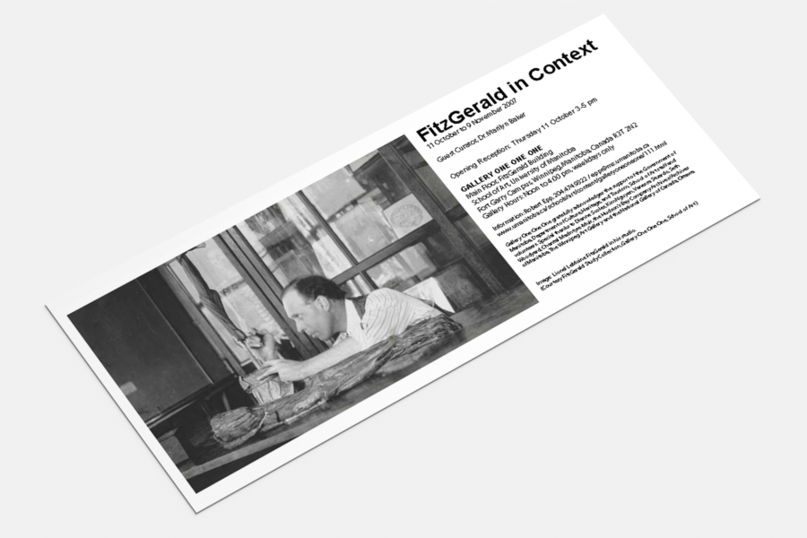 Black-and-white exhibition invitation featuring a photograph of Lionel LeMoine FitzGerald carving wood, with exhibition details alongside.