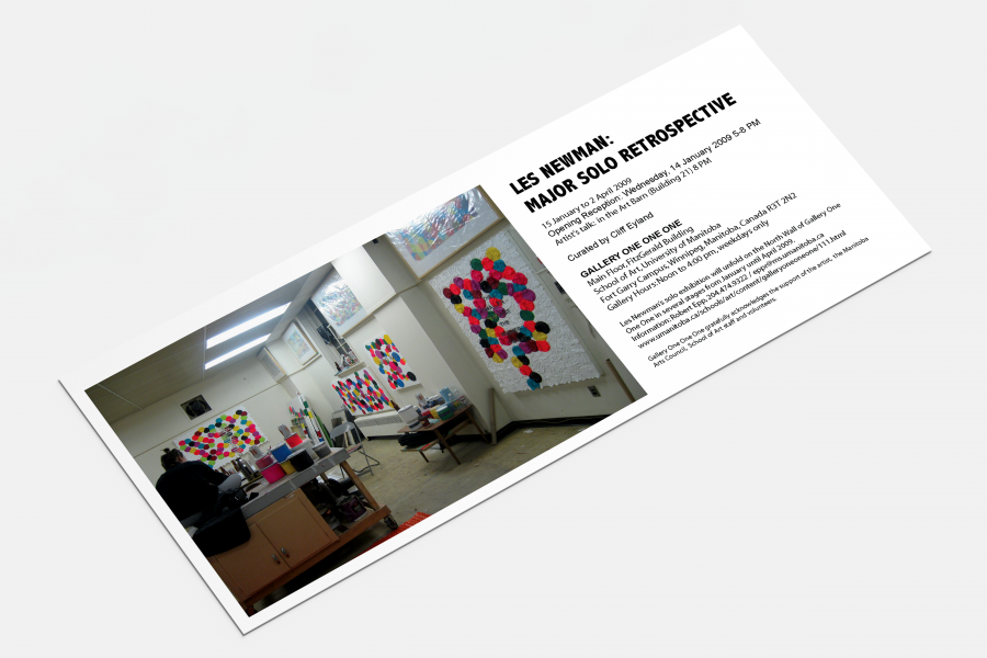 Exhibition invitation featuring a photograph of Les Newman's studio alongside exhibition details.