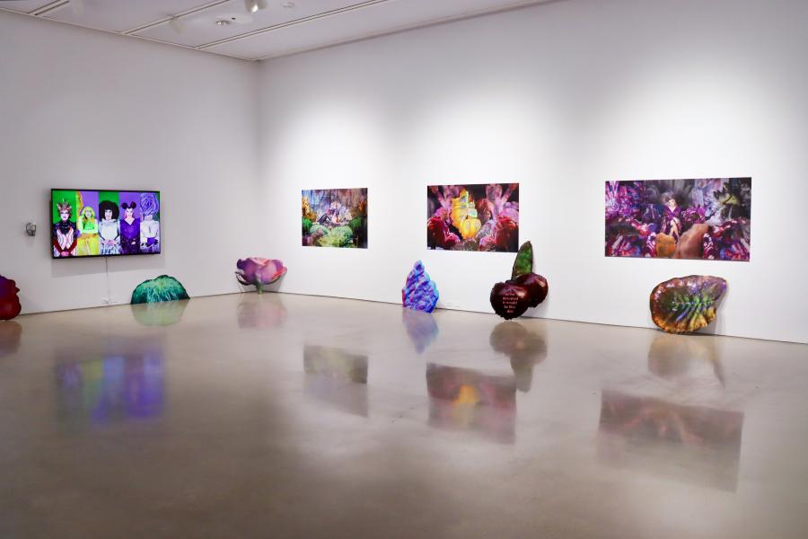 Panoramic view of the exhibition featuring photographs, video, and sculptural elements.