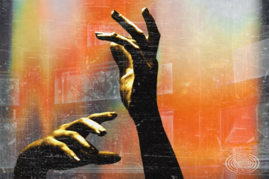 Two silhouetted hands reach toward one another against a layered, dreamlike background of orange, yellow, blue and grey.