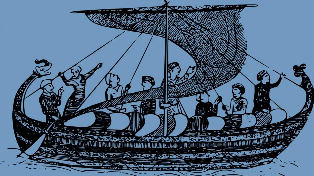 Drawing of historic Icelandic ship with boatmen.