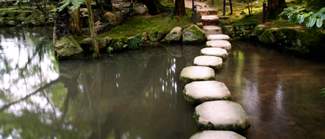A of stepping stones across a small pond.