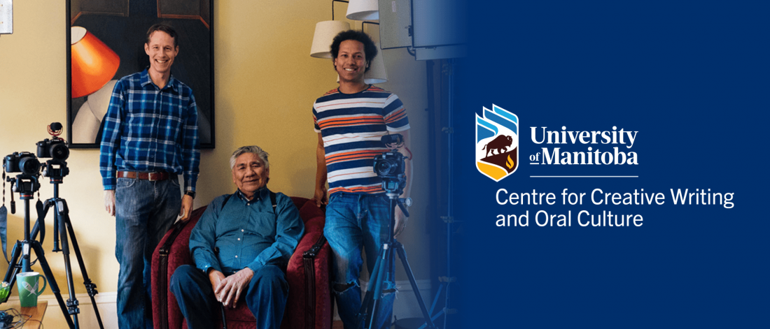 Three men posing for a picture, the man in the middle is seated. Text: Centre for Creative Writing and Oral Culture.