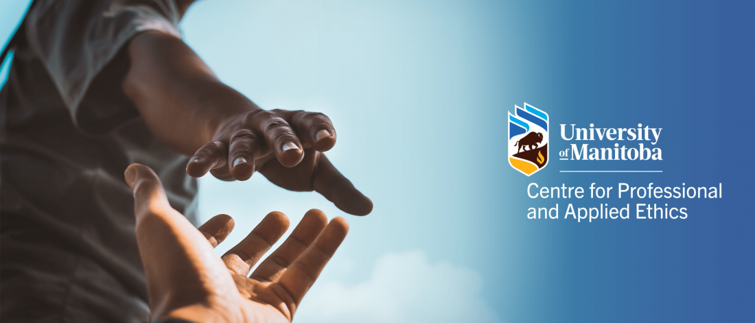 Close up of one hand reaching out to help another with the sky in the background and the Centre for Professional and Applied Ethics logo.