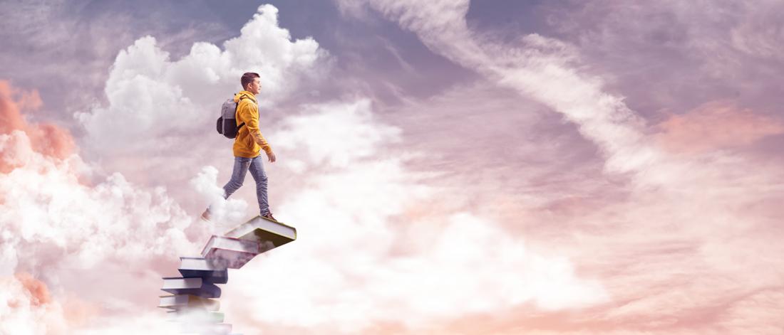 A student walking on book stairs into the clouds