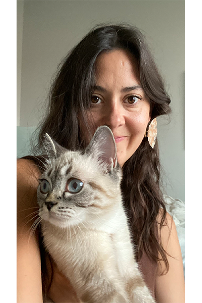Mylene Gamache with grey cat.