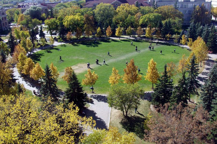An aerial photo of the University of Manitoba Fort Garry campus quadrangle green space.