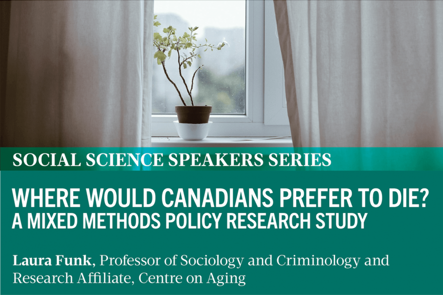 Small plant on windowsill with white curtains on either side. Text: Social Science Speakers Series. Where would Canadians prefer to die? A mixed methods policy research study. Laura Funk, Professor of Sociology and Criminology.