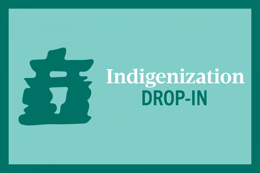 Dark green inukshuk on light green background. Text: Indigenization drop-in.