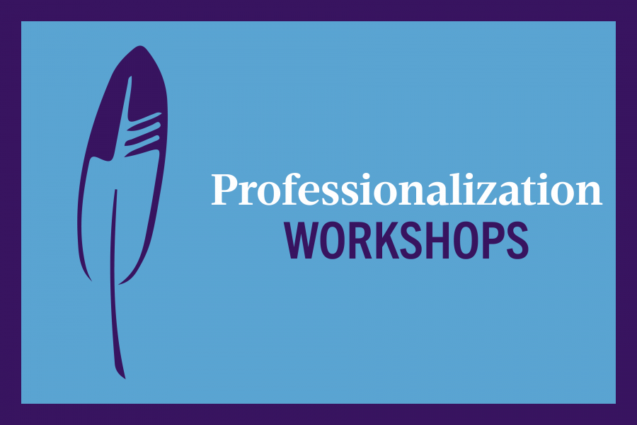Dark purple feather on light blue background. Text: Professionalization workshops.