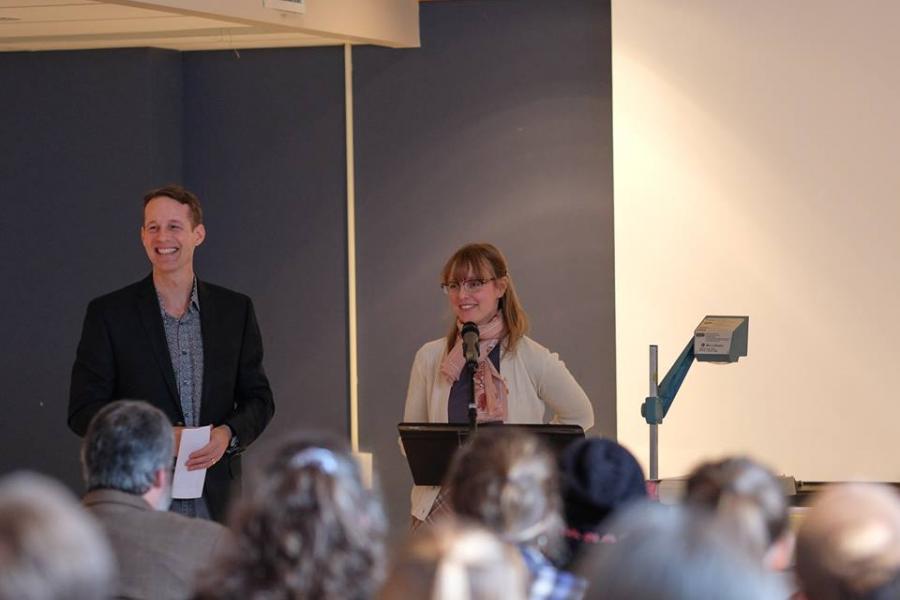 Writer-in-Residence, Jennifer Still, with CCWOC Warren Cariou at welcome event.