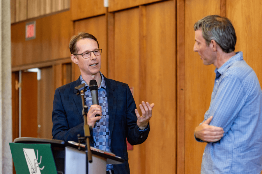 CCWOC Warren Cariou with Writer-in-Residence Tristan Hughes at welcome event.
