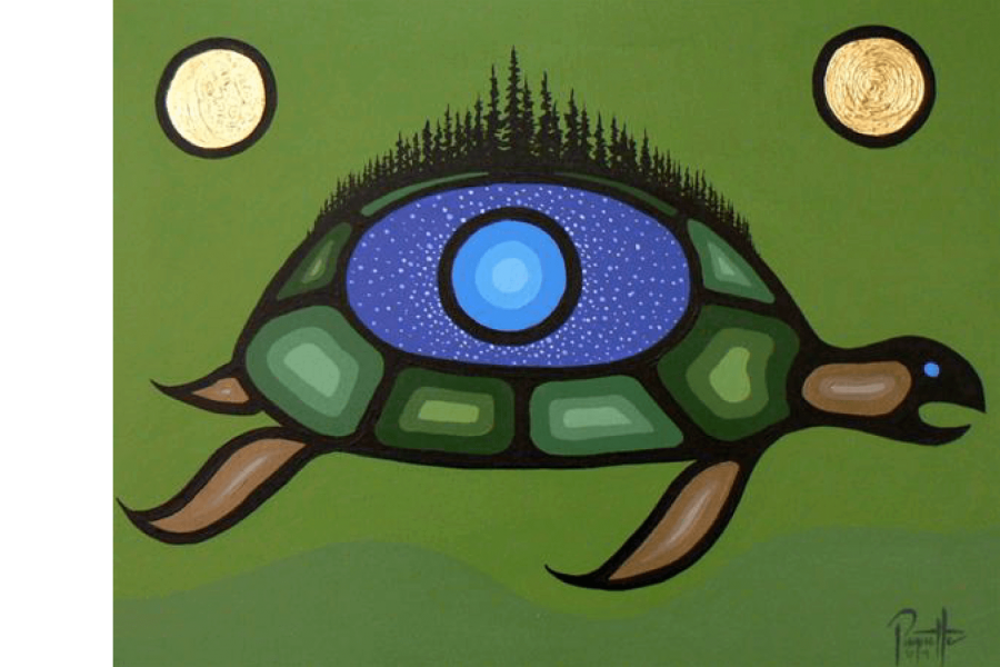 A piece of artwork depicting a turtle with trees on its back on a green background.