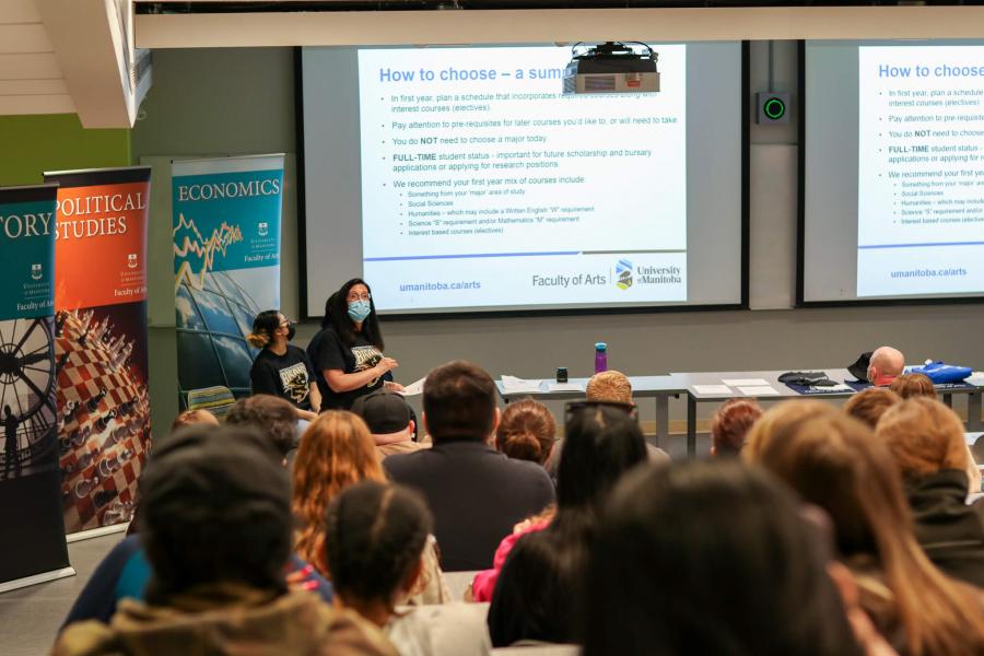 Arts student advisor, Tara Cleve, presents to a classroom of new students and guests at the Welcome to the Herd event.