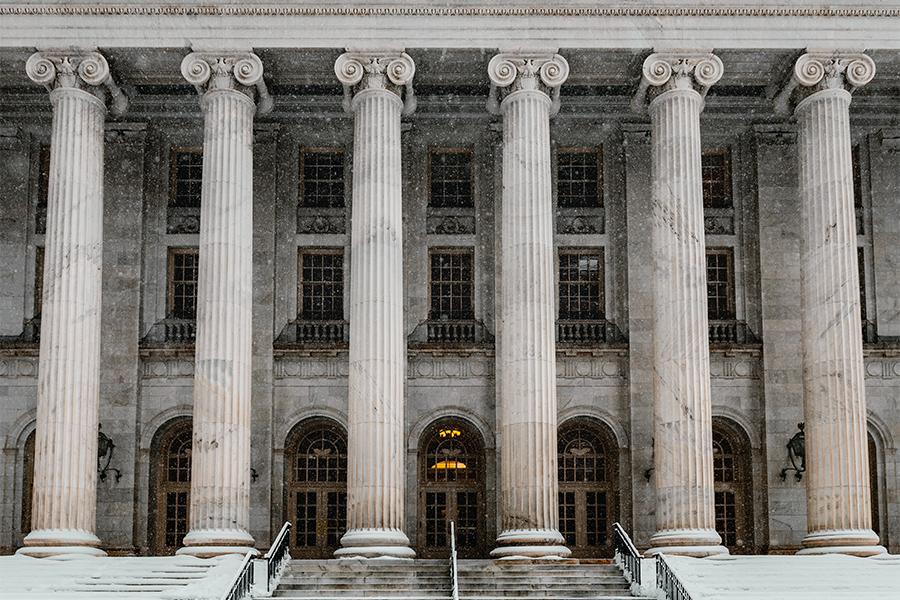 A building with roman columns.