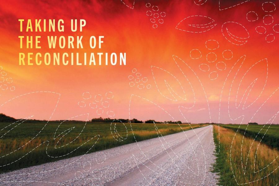 Dirt road at sunset with green fields on either side and a white sketch overlay of leaves and circles. Text: Taking up the work of reconciliation.