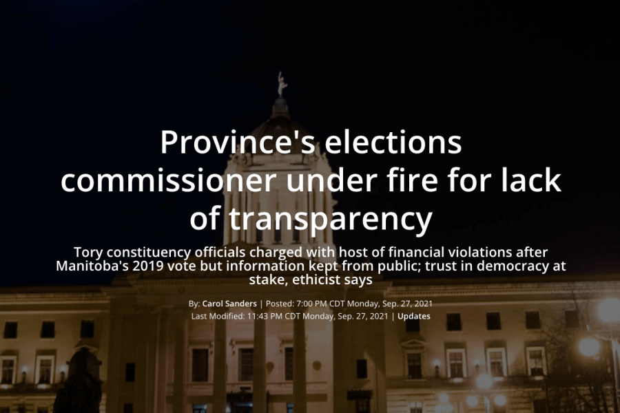Dark image of the Manitoba Legislative Building with text: Province's elections commissioner under fire for lack of transparency. Tory constituency officials charged with host of financial violations after Manitoba's 2019 vote but information kept form public; trust in democracy at stake, ethicist says.