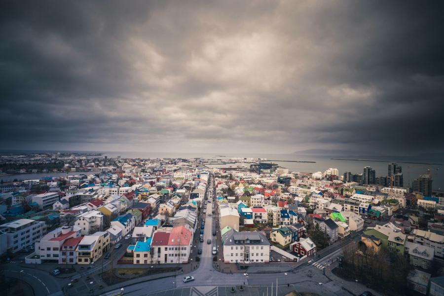 Aerial photo of a city in Iceland.