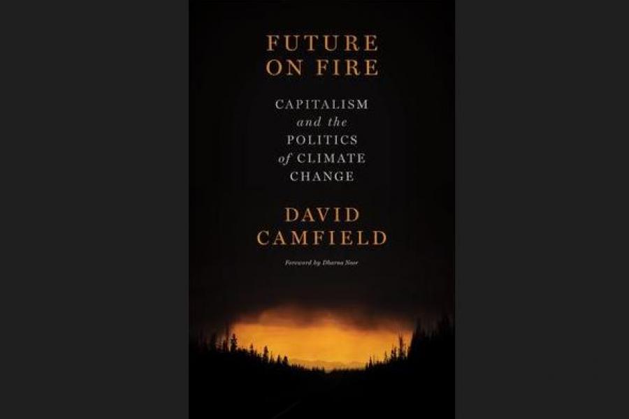 Book cover showing treeline with fire lighting up the night sky.