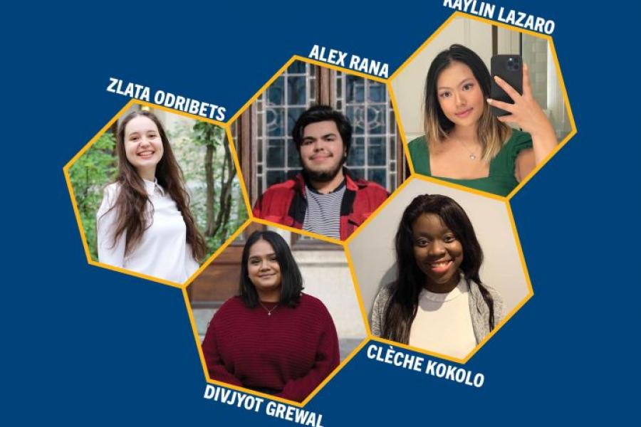 Collage of 5 students in hexagon shaped frames with their names listed by each photo.