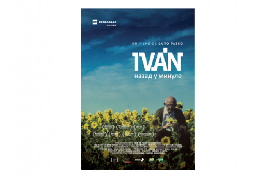 Movie poster will a male senior standing in a field of sunflowers.