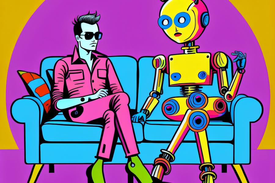 Cartoon graphic of a robot and a male wearing a pink outfit and black high hells sitting on a sofa together.