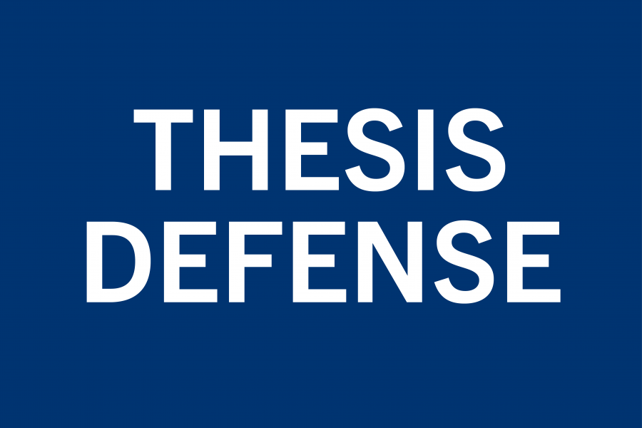 The words thesis defense on a dark blue background.