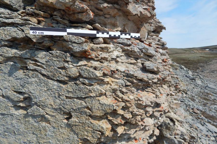 An outcrop of chert and limestone on Baffin Island with a small scale bar.