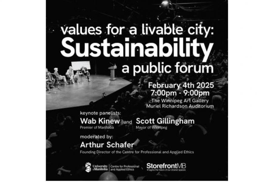 Black and white event poster with photo of panelists on stage in front of a large crowd.