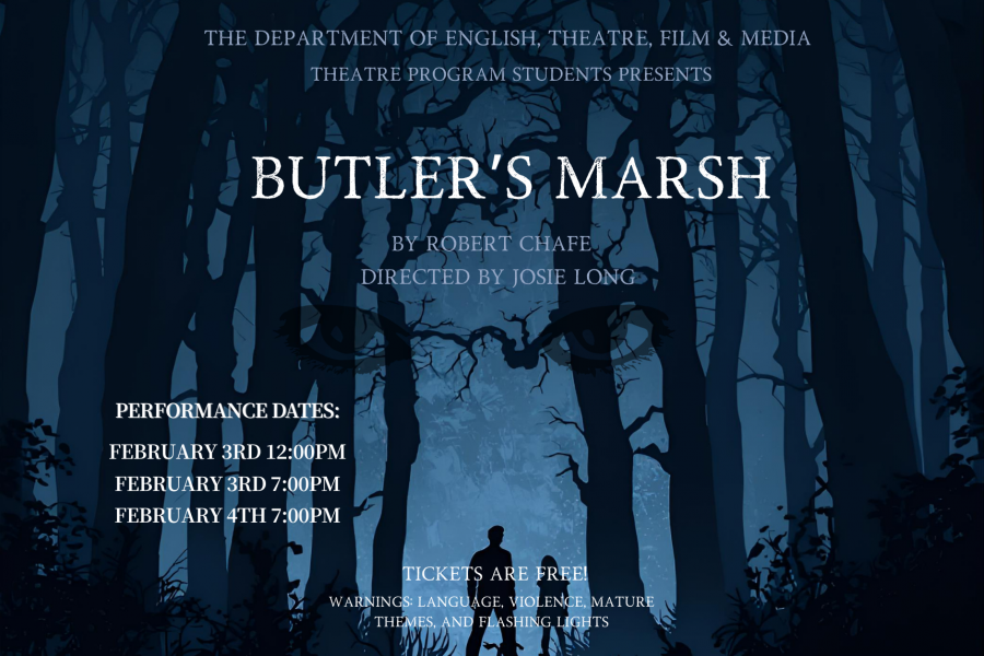 Text layed over a photo of a forest at night with the silhouettes of two people in the distance.