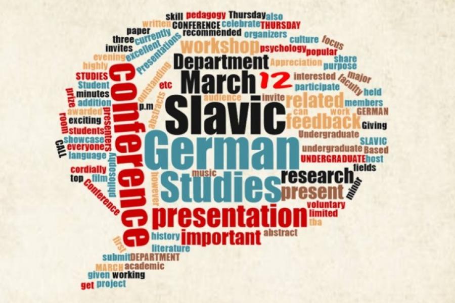 A word cloud filled with words related to german and slavic studies.