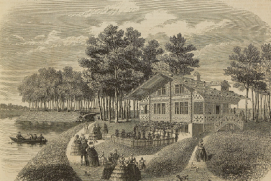 Pencil illustration of a Swiss chalet along a riverfront. 