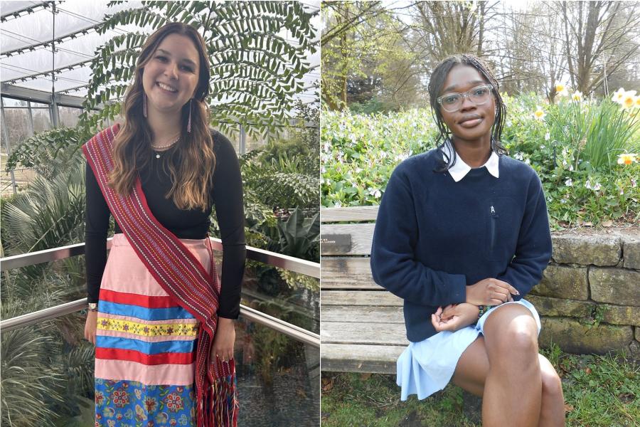 Student on the left wearing an Indigenous ribbon skirt and Metis sash. Student on the right sitting on a bench wearing a sweater, collared shirt, and skirt.