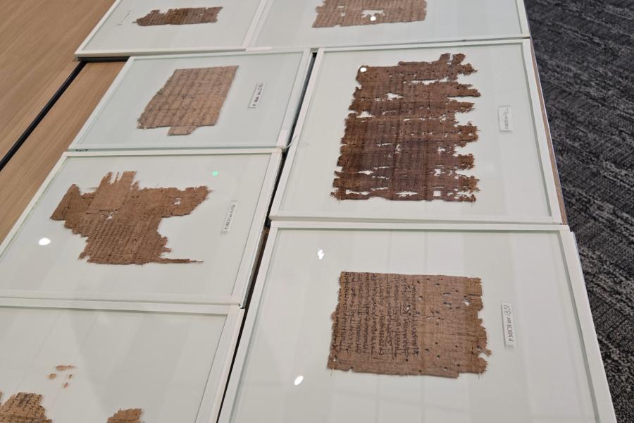A number of papyrology documents enclosed in frames displayed on a table.