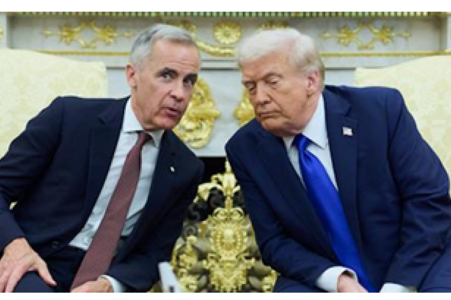 Mark Carney and Donald Trump leaning in towards each other in conversation.