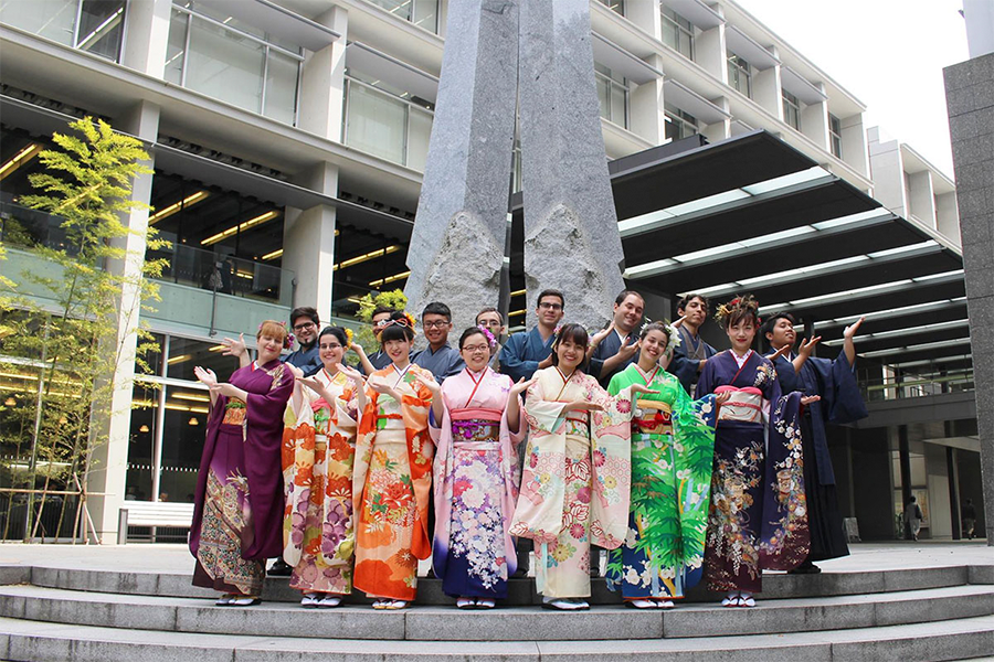 Oliver Marshall, seventh person from the right, joins students from Kokugakuin University in their traditional kimono day.