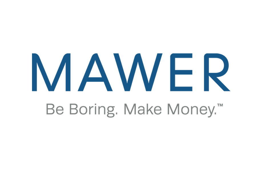 Mawer logo in blue. Be boring, make money in grey.
