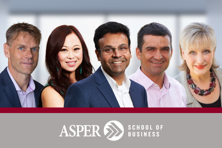 Cropped images of five Asper School of Business professors.