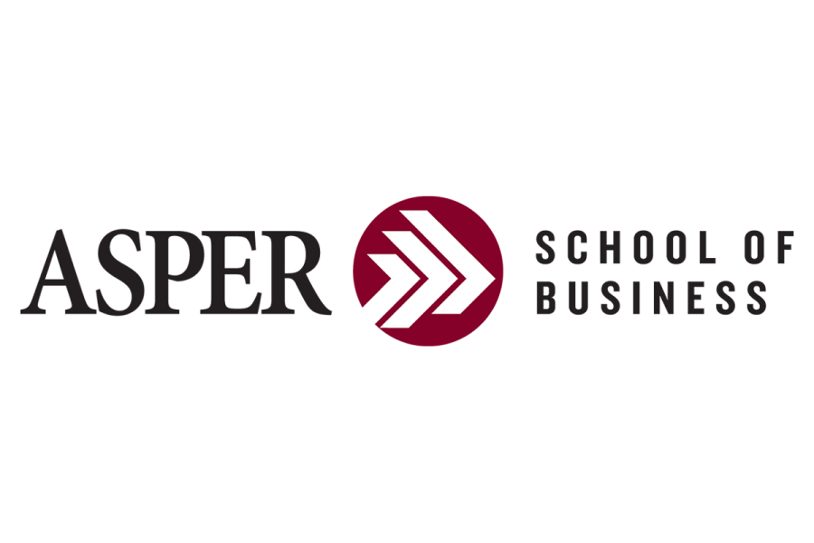 Asper School of Business logo in black font with a red circle that has arrows in the middle.