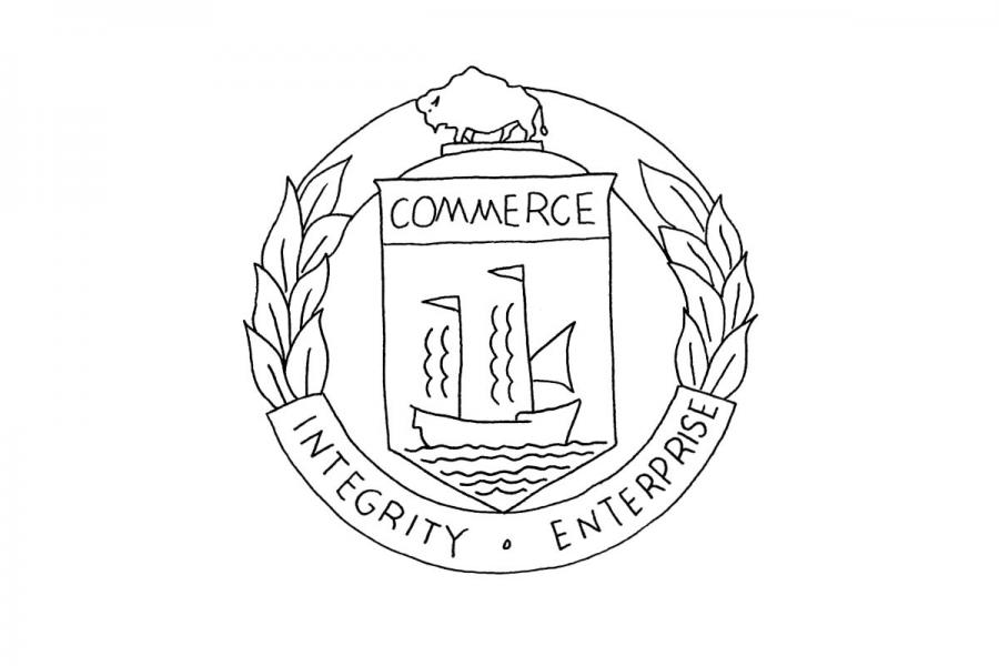 Outline of an old Asper School of Business logo that says commerce, integrity, and enterprise. There is a small bison on the top and a big sail boat on the water.