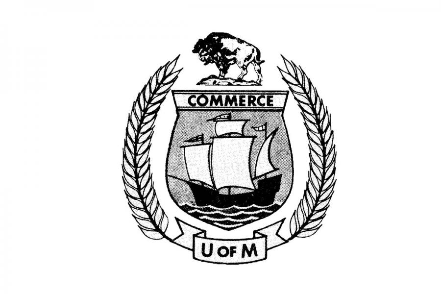 An old Asper School of Business logo that says Commerce and U of M. There is a bison on the top and a big sail boat.