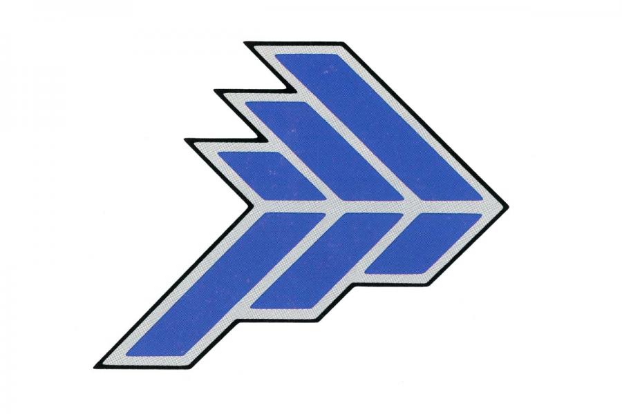 Three blue chevrons with a grey and black outline.