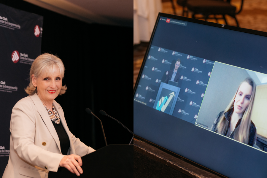 Two images, left is a woman with blazer on a podium and the other is a picture of a video screen with two people at the Stu Clark New Venture Championships.