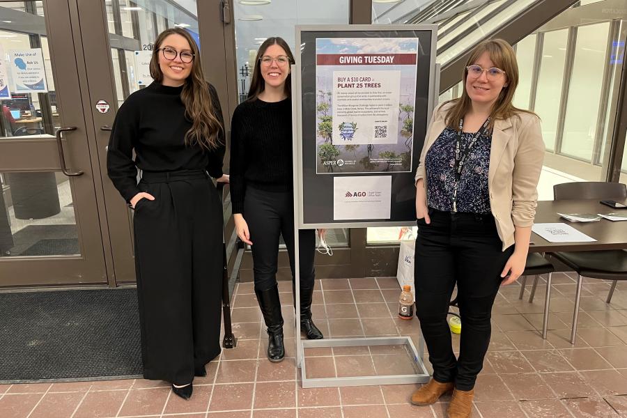 Three women standing by a sign